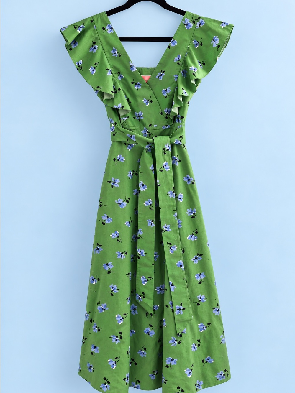 Kate Spade Green Blue Floral Wrap Midi Wrap Dress Ruffle Sleeve Tie Waist size 4